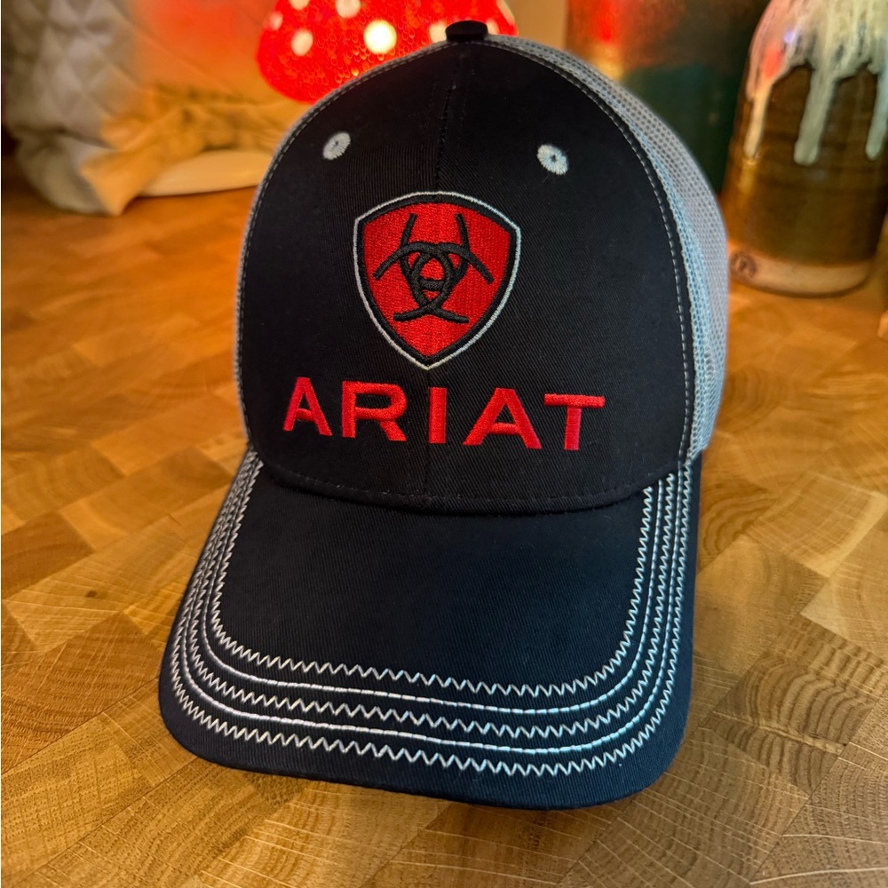 Ariat Black Cap with Red Logo and Gray Mesh